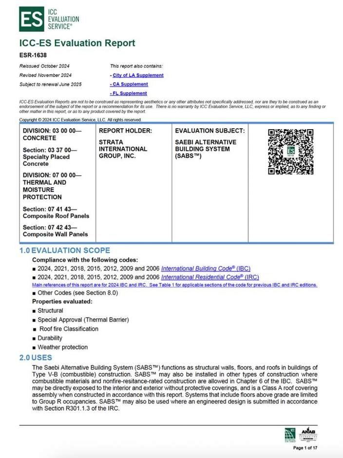 First page of ICC-ES Evaluation Report ESR-1638